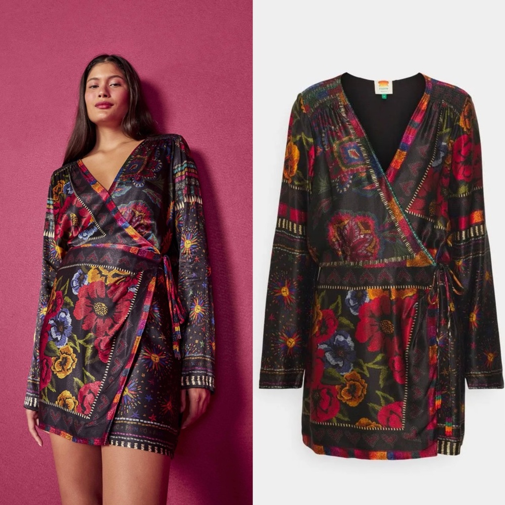 Farm Rio Black Mixed Scarves Mini Dress - Picture 1 of 14